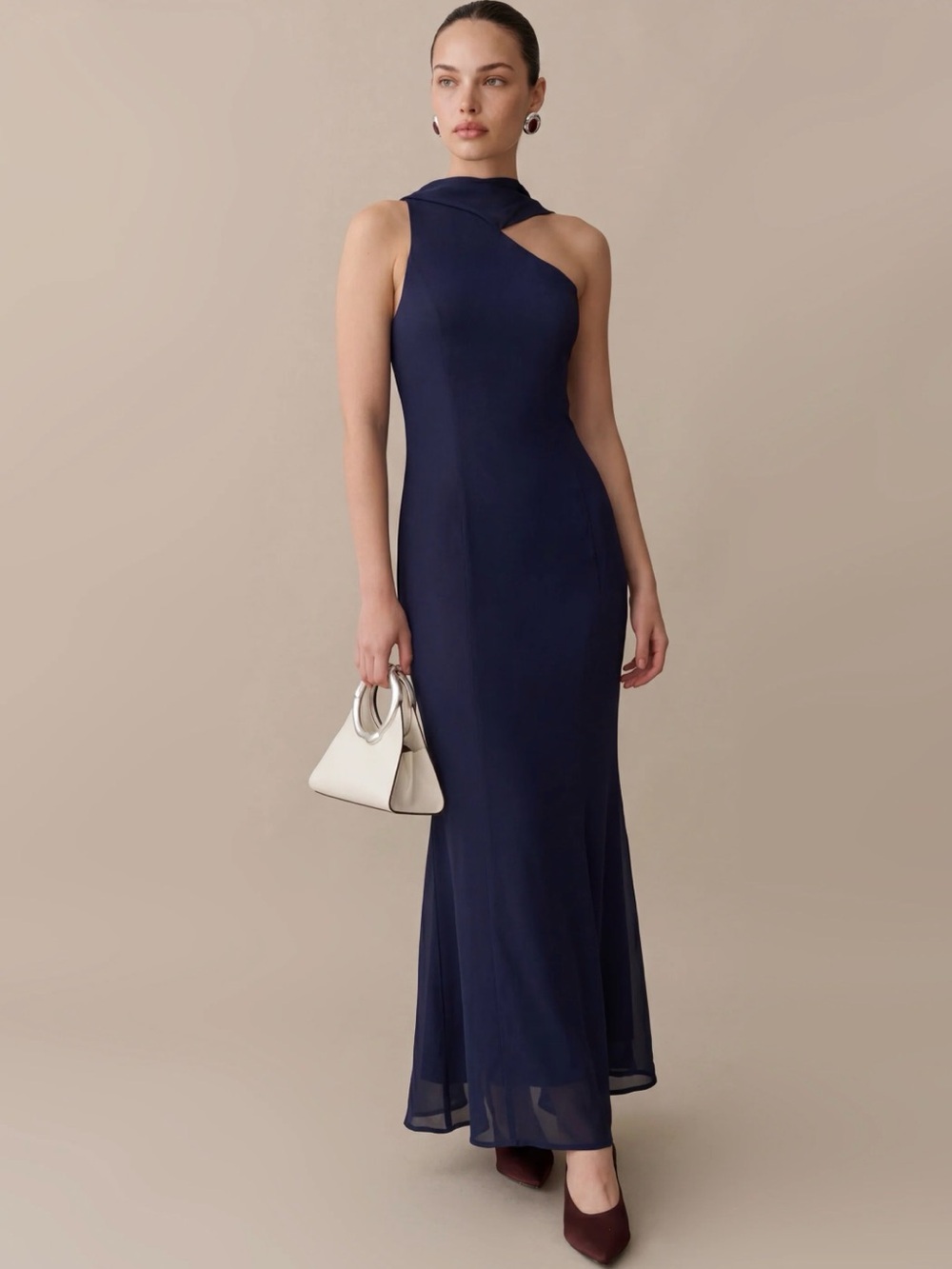 Elegant Navy Asymmetric Neck Maxi Dress